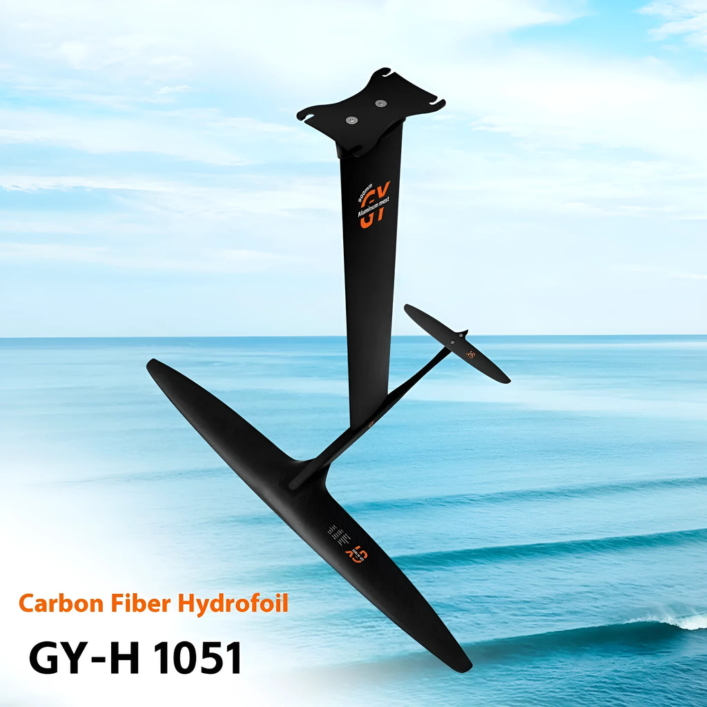 Black carbon fibre hydrofoil surfboard with aluminium alloy construction and 1051mm front wing