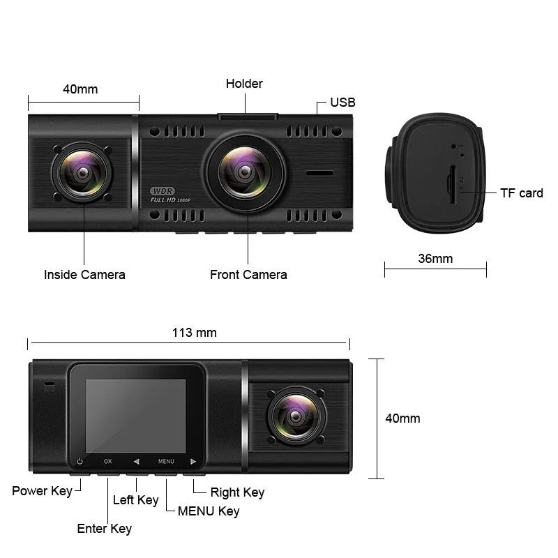 Standard black dash cam for car with 1.5-inch screen, showing front and rear recording capability.