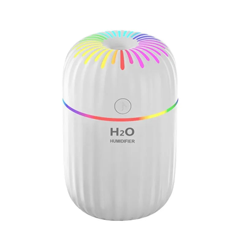 Compact white USB humidifier with 300ml water tank on office desk next to laptop