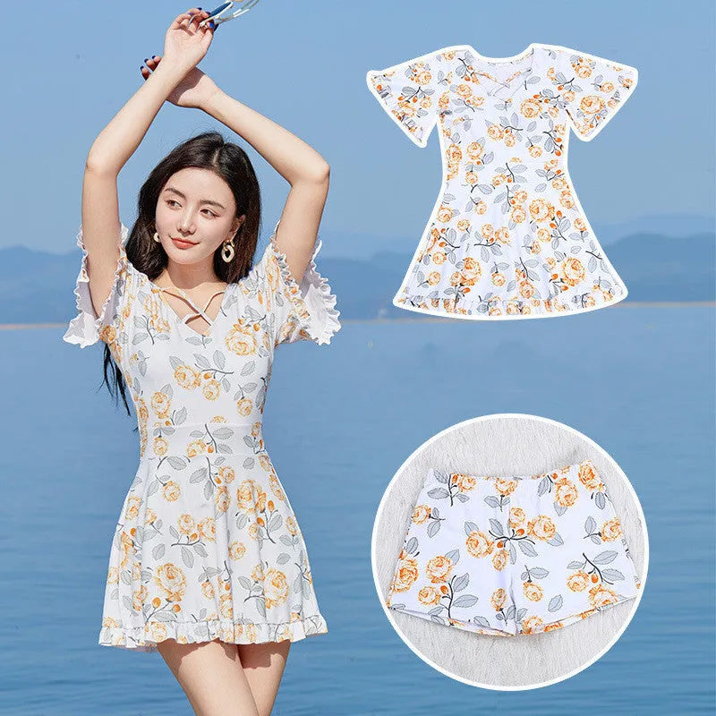 Women's floral print high waist one-piece swimsuit in white and blue colour