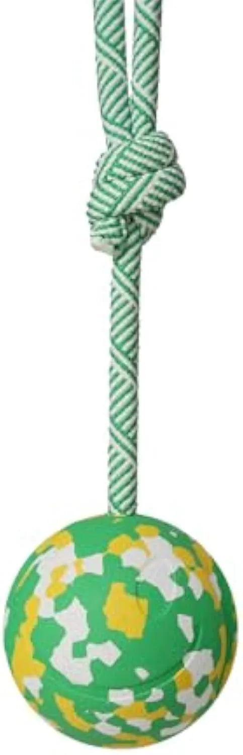 Natural rubber dog ball on rope toy for medium and small dogs with nylon rope attachment
