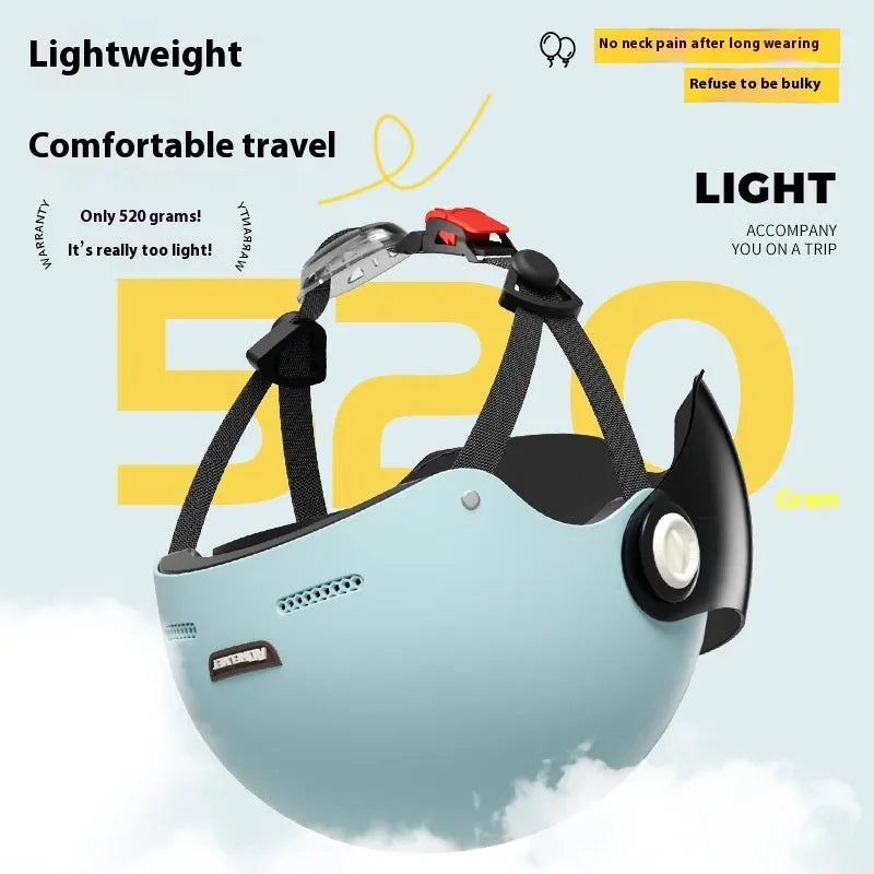 Women's four seasons universal battery car half helmet ABS in cyan with detachable short sun protection glasses