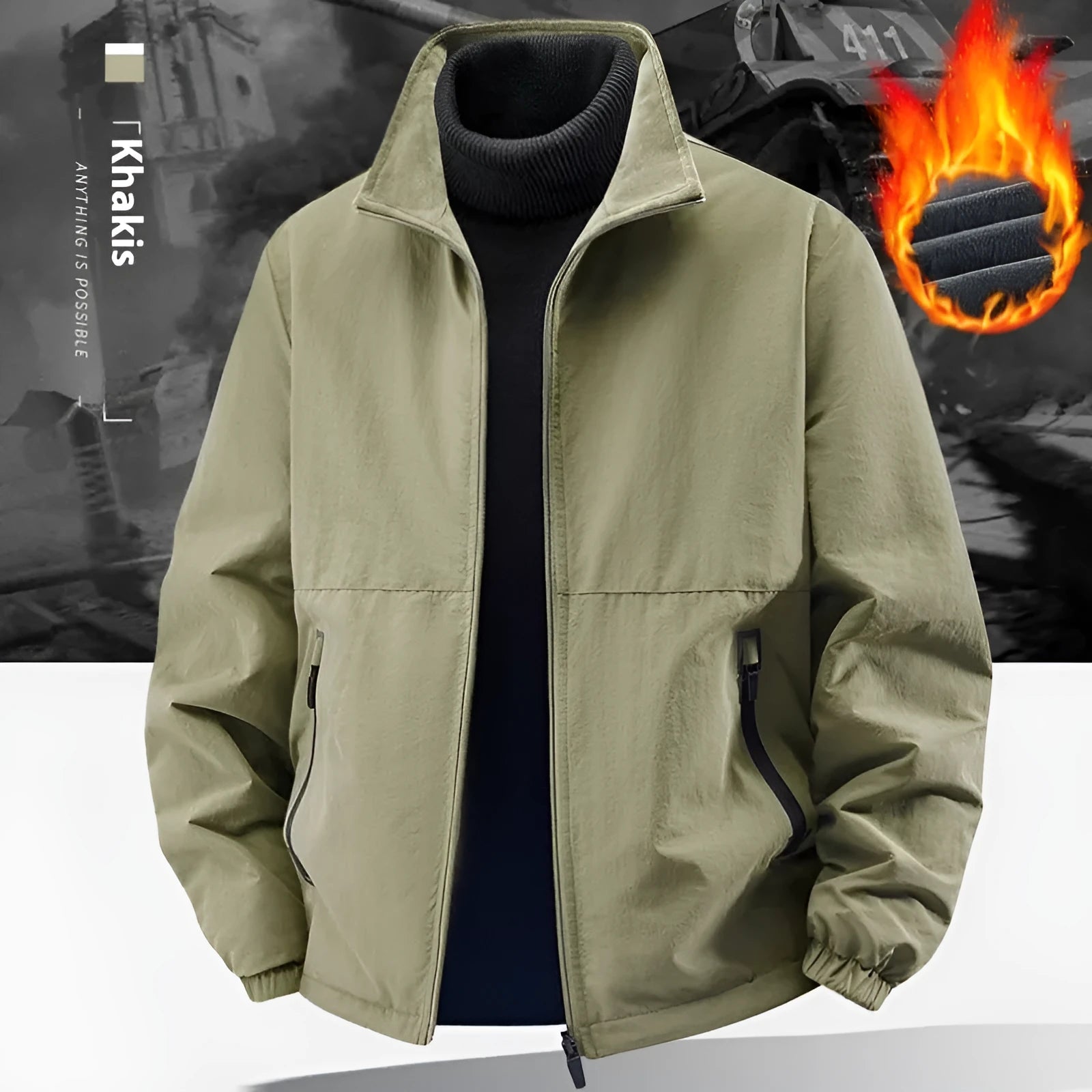 Fleece-lined casual jacket coat for men with stand collar, nylon fabric, loose fit, khaki colour