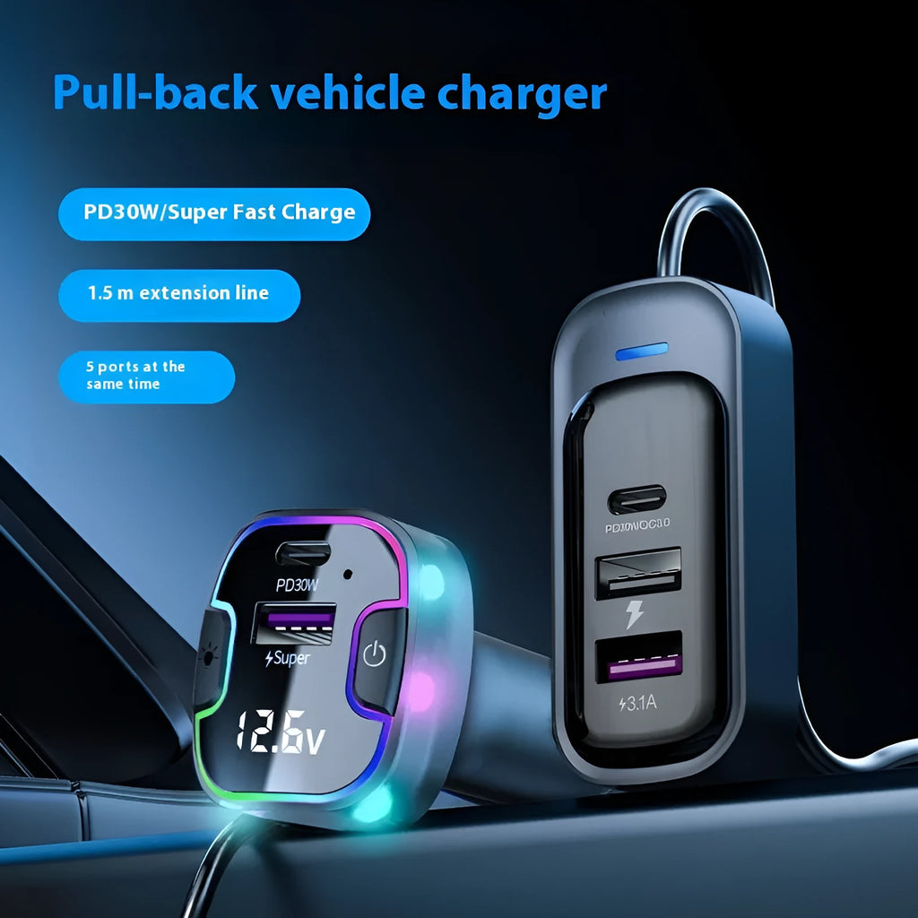 YQ8-Black car charger with five USB ports for simultaneous device charging