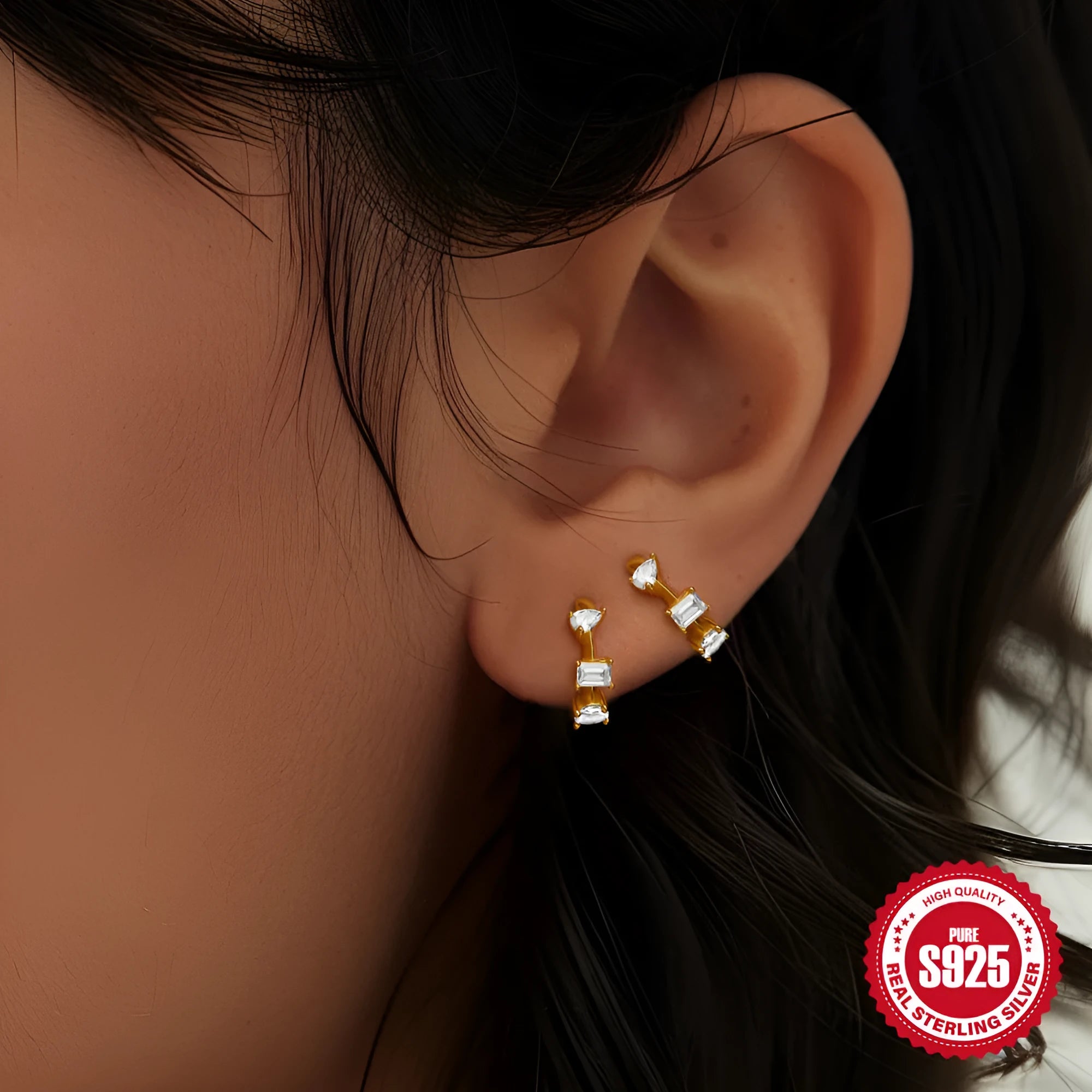 Geometric sterling silver stud earrings with small round diamond-inspired stones in gold and silver finishes