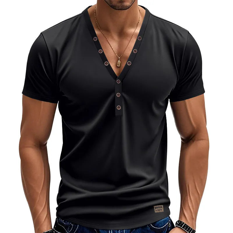 Men's loose V-neck casual top with button detail in chemical fibre blend fabric