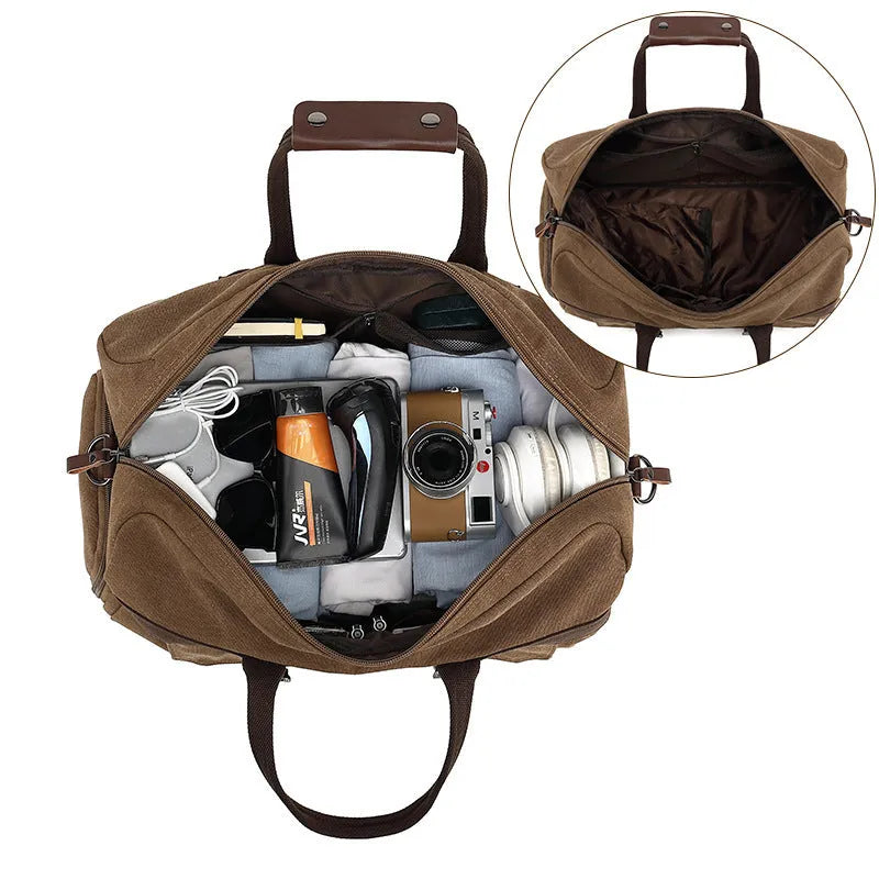 Large canvas crossbody travel bag for men in European and American retro style with sewing line detailing