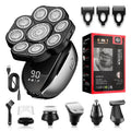 Black 6-in-1 rechargeable hair clipper and shaver grooming kit with multiple attachments laid out.