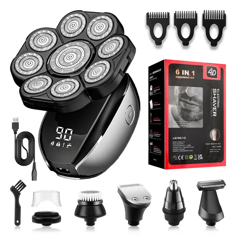 Black 6-in-1 rechargeable hair clipper and shaver grooming kit with multiple attachments laid out.
