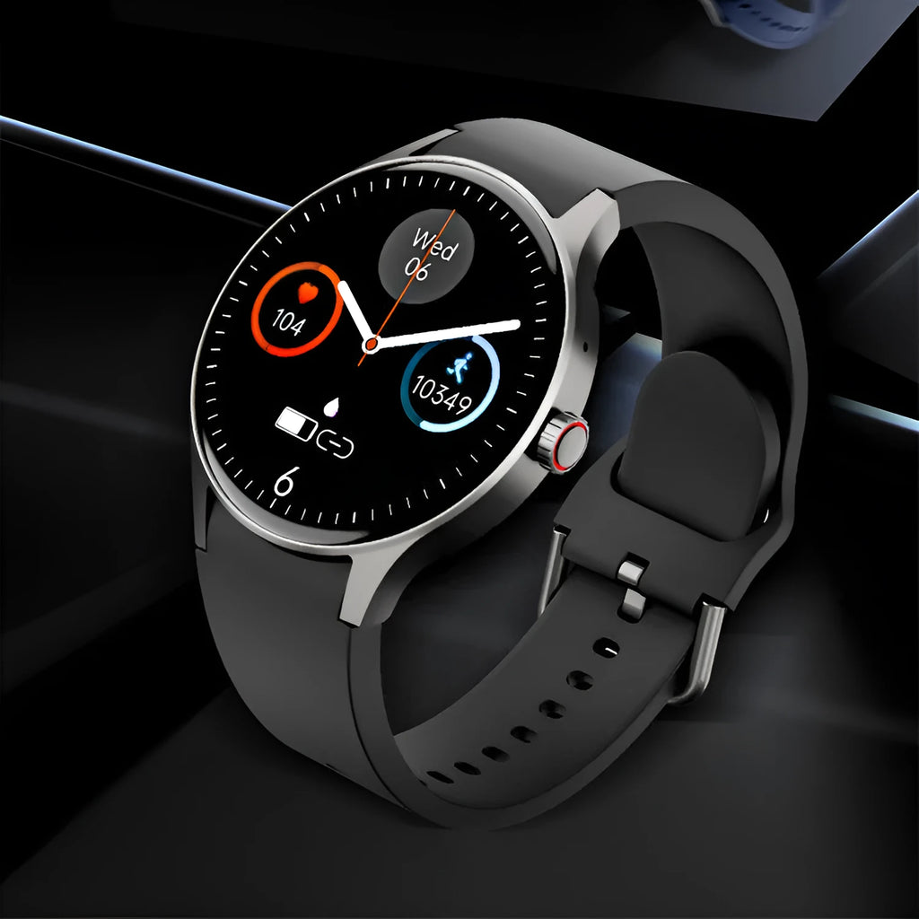 Smart Bluetooth sport watch with round display showing fitness metrics on black, blue, pink and red coloured variants