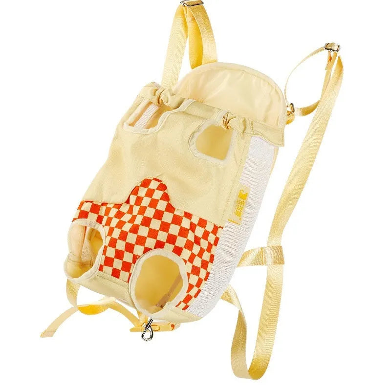 Soft non-woven canvas pet backpack for cats shown in purple, orange, and light grey colours.