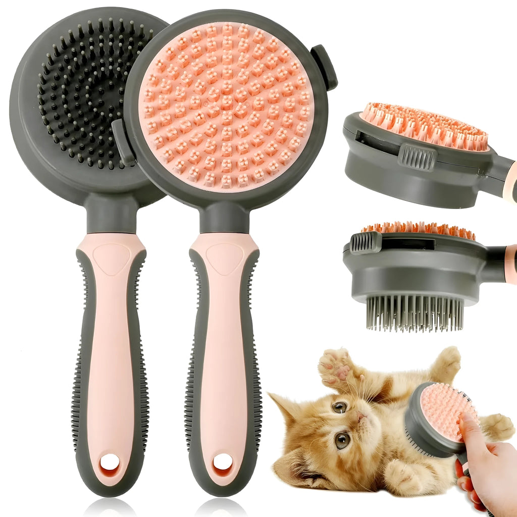 Green and pink double-sided cat grooming brush with release button and flea comb