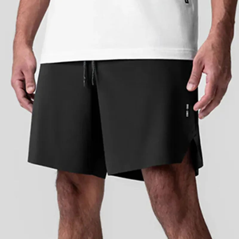 Men's grey micro-elastic sport shorts with knee-length straight-leg cut for summer training