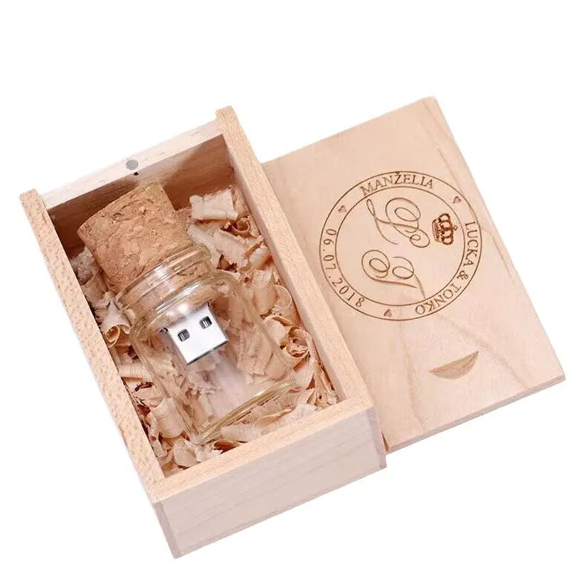 Transparent bottle-shaped USB flash drive on a wooden surface.