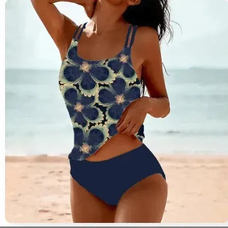 Vintage printed high waist conservative swimwear set in a retro dot pattern.