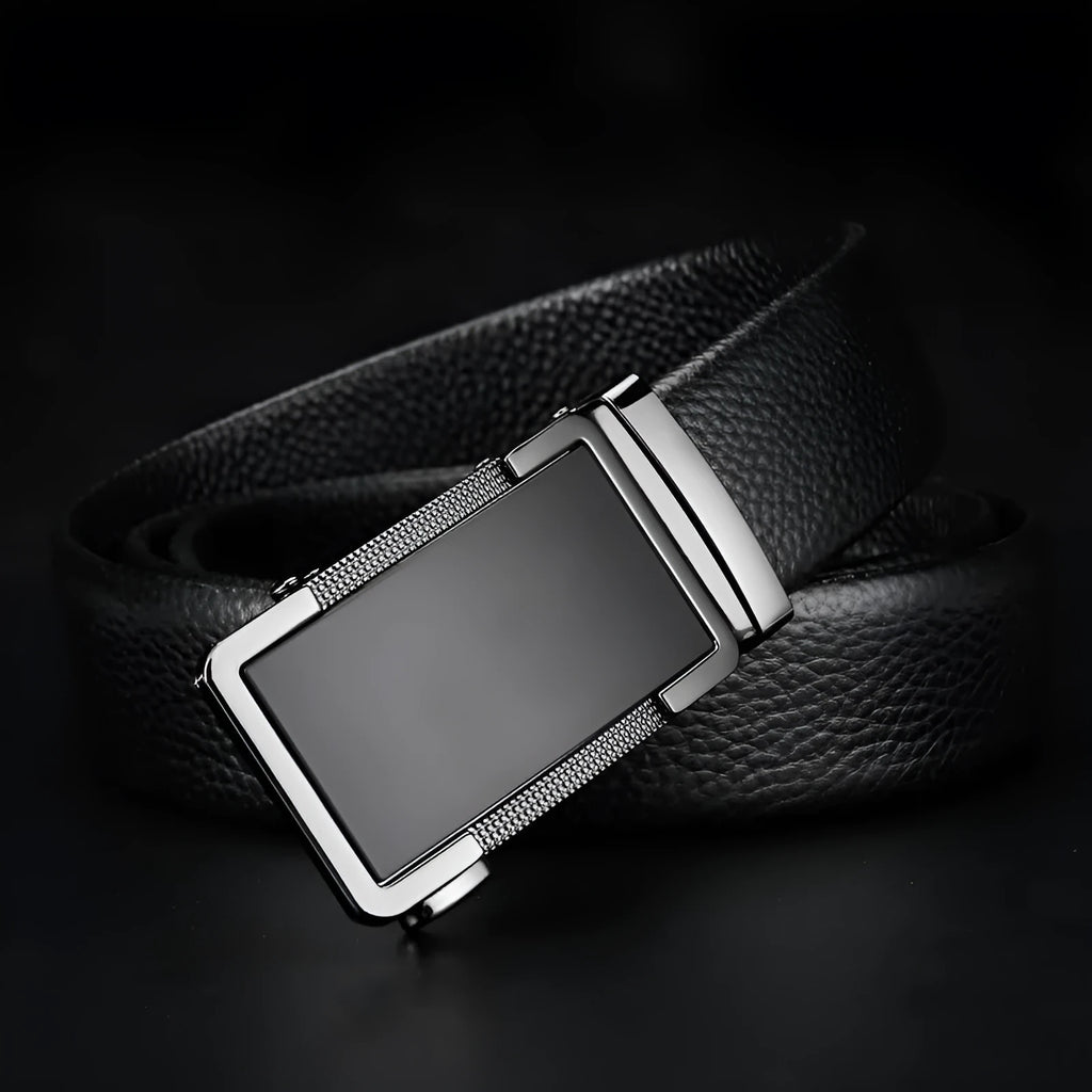 Men's leather belt with an automatic comfort click buckle in a choice of gun black, silver, or gold colours.