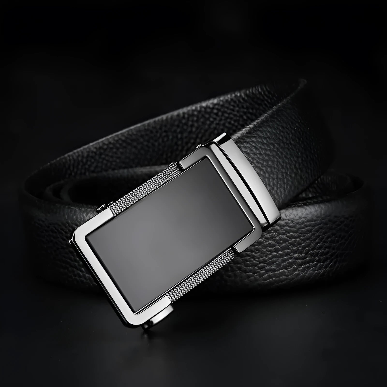 Men's leather belt with an automatic comfort click buckle in a choice of gun black, silver, or gold colours.