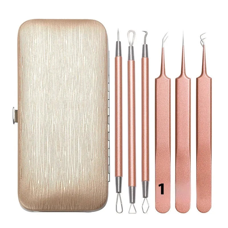 Six stainless steel dual-ended acne needles with rose gold finish for blackhead and spot removal