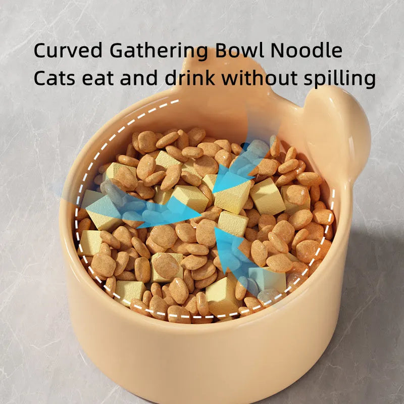 Ceramic pet feeding bowl set with neck protection design in white and brown animal patterns