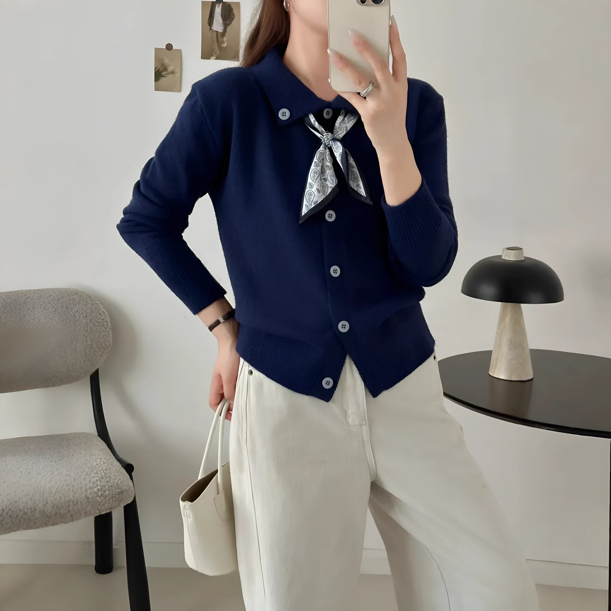 Lapel scarf sweater in cardigan style with long sleeves and splicing details