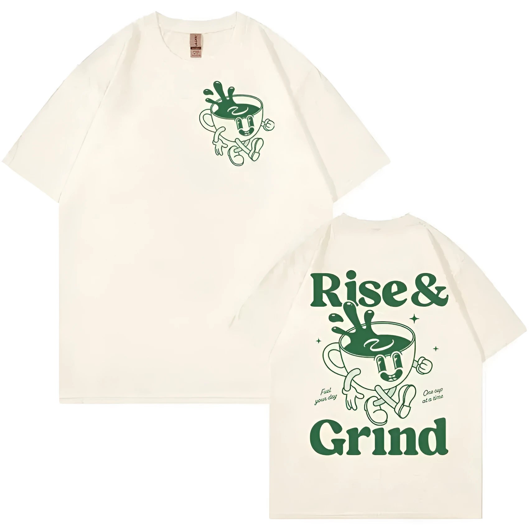 Man's loose-fit cartoon graphic t-shirt in linen blend fabric, showing the 'Rise And Grind Green Coffee' print.