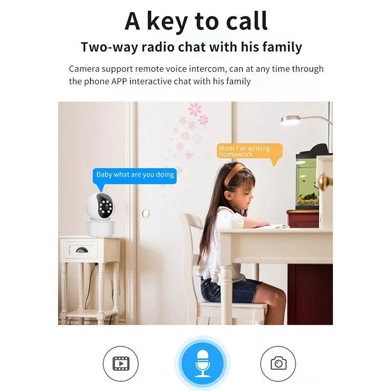 White wireless indoor security camera with 360-degree rotation and full-colour night vision capabilities