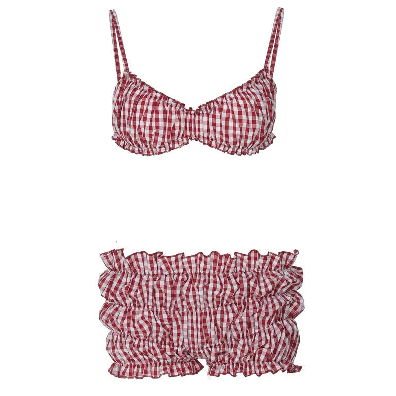 Women's red cotton plaid high waist bikini set with striped contrast colour print, sleeveless top and shorts, street hipster style.