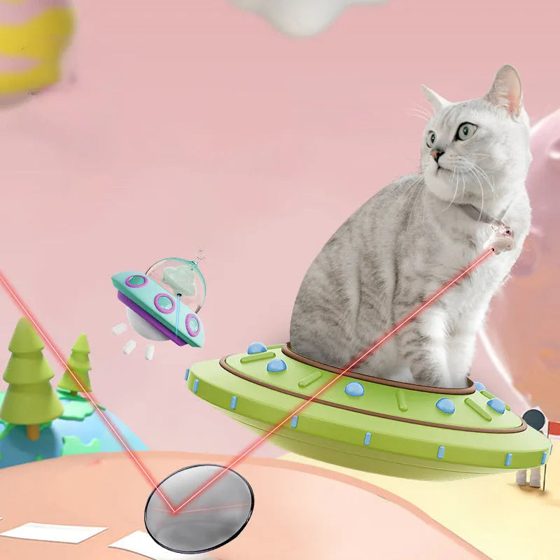 Green cat collar with attached small laser toy unit showing USB charging port.
