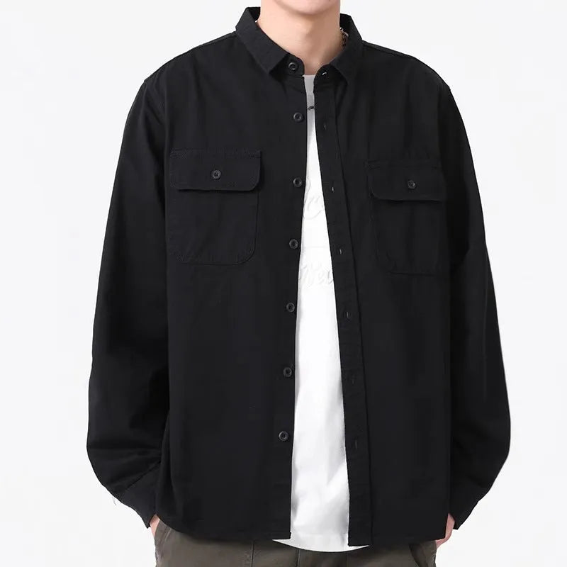 Men's loose fit long sleeve overalls shirt in polyester fabric with cardigan style front