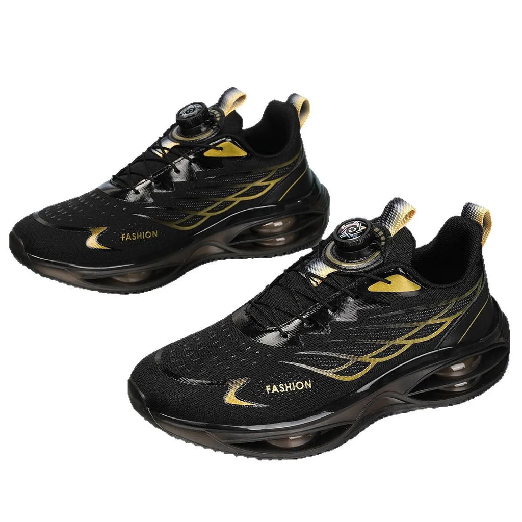 Unisex casual running shoes in black gold, sky blue, and white colours, showing low top design and mesh upper.