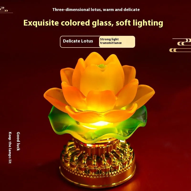 Chinese style lotus lamp in yellow with electronic candle for Buddha statue decoration