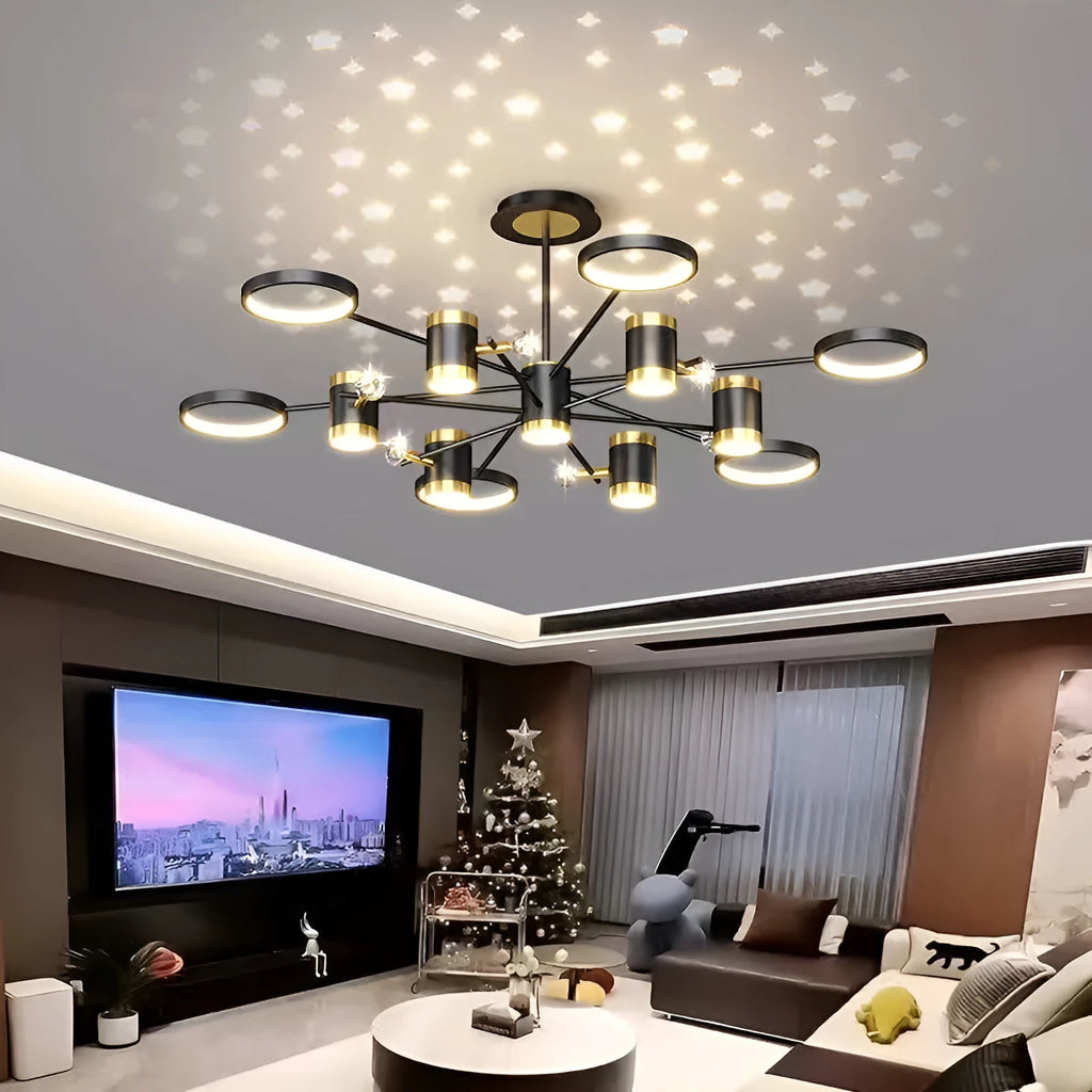 Black iron pendant lamp with 13 heads and adjustable height for ceiling mounting