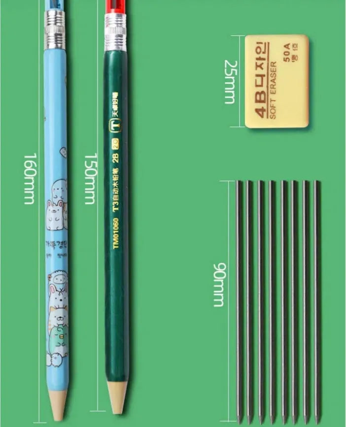 Children's mechanical pencil with 2.0mm lead, cartoon design, and replacement refill cylinders