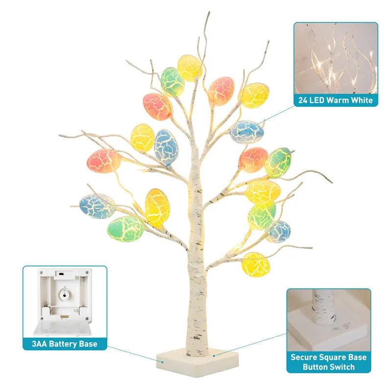60cm LED Easter birch tree light with warm white LEDs and cracked egg ornaments on adjustable branches
