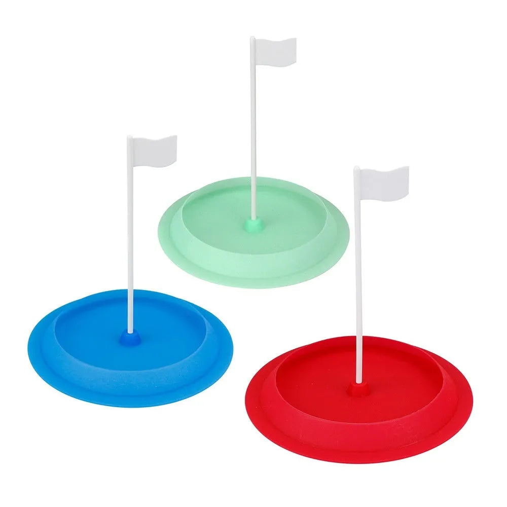 Silicone golf putter plate with 16cm hole cup in red, green, or blue for indoor practice