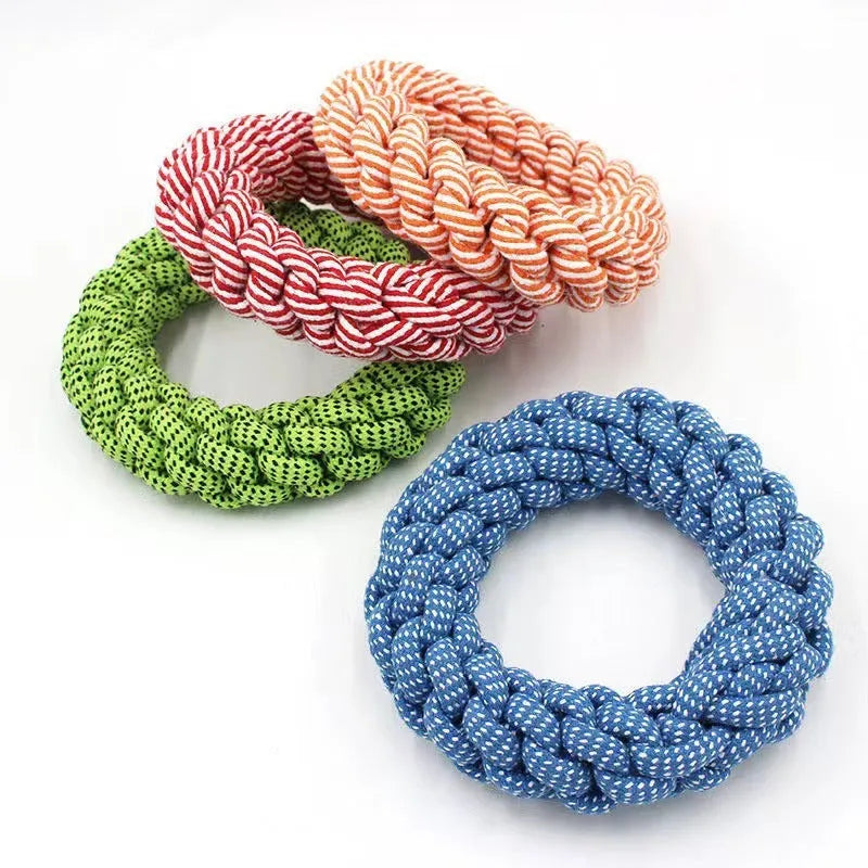 Braided cotton ring pet toy measuring 18cm in diameter