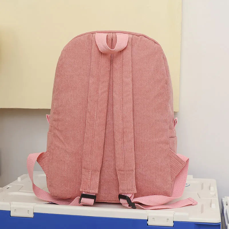Solid colour corduroy backpack for women in six colours with three-dimensional outer pocket, free size