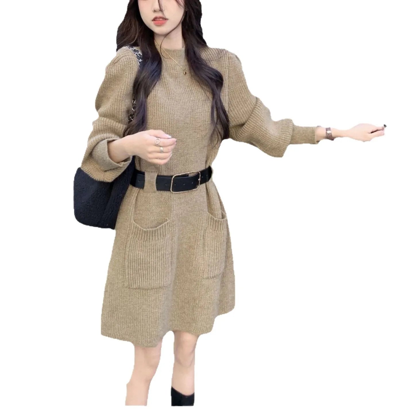Women's long sleeve loose knitted dress with high waist and black belt in polyester fabric