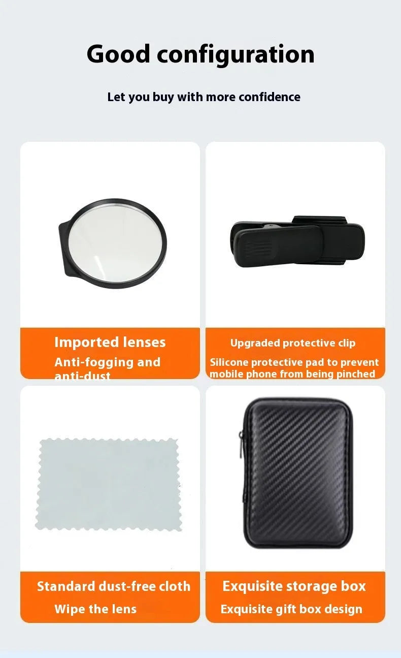 Black mobile phone rear camera self-timer mirror clip with plastic and glass construction, shown attached to a phone.