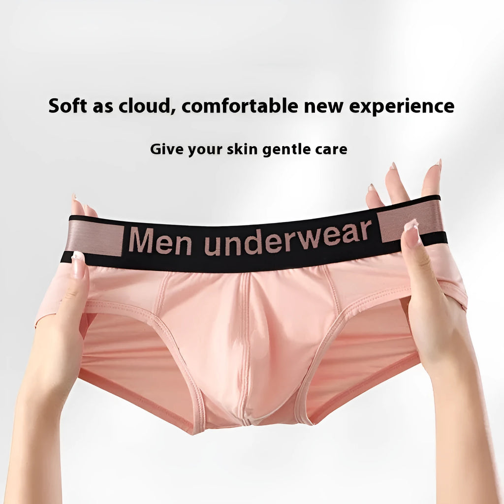 Men's modal briefs in black, pink, or white showing low waist and gradient belt design.