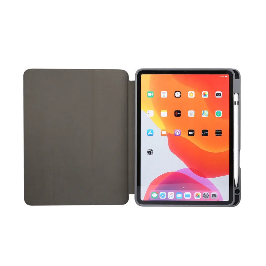 iPad leather case with 9 tri-fold marbling pattern and pen slot in dark gray, creamy-white, purple, blue, or pink