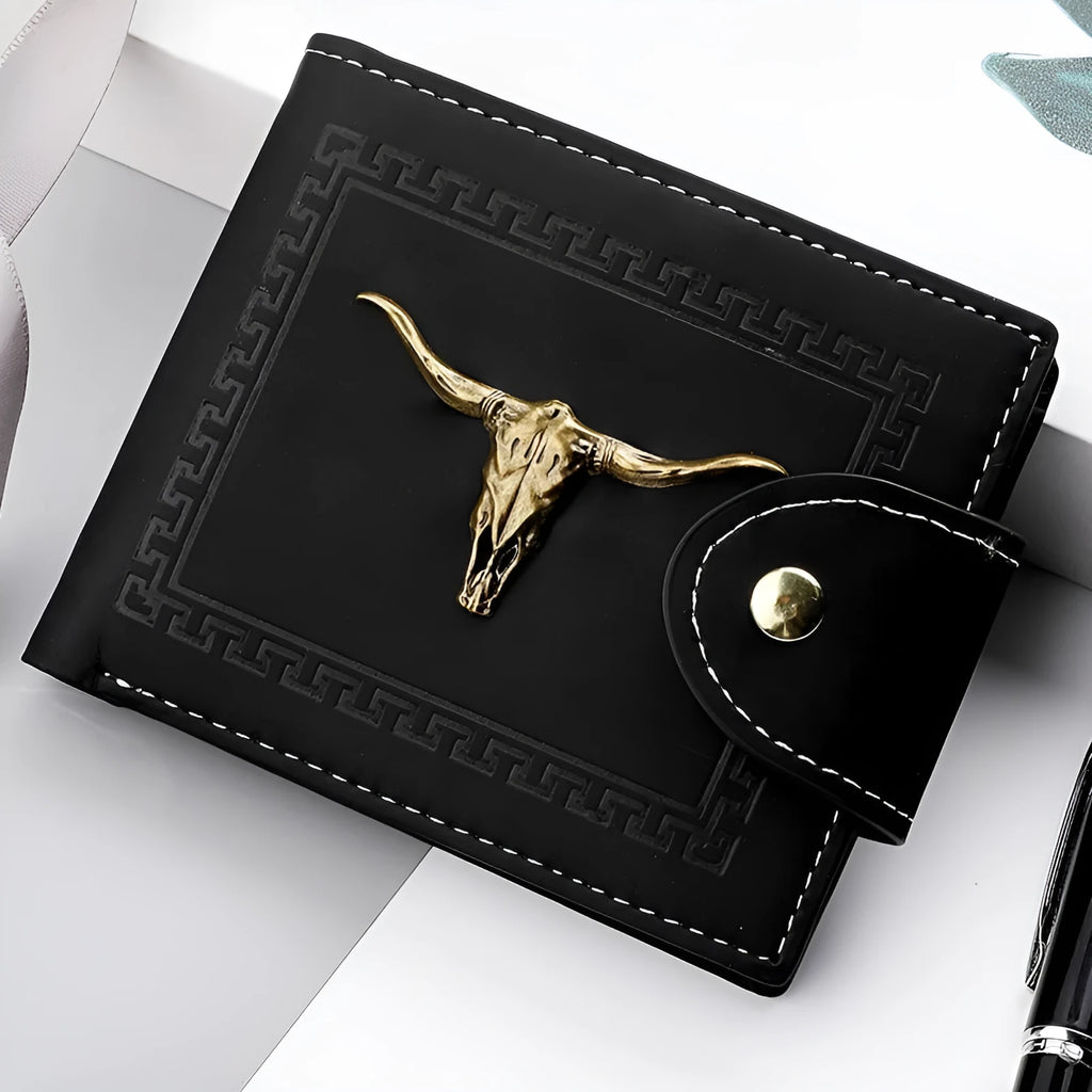Black PU leather men's wallet with animal pattern, zipper closure, and multiple card slots