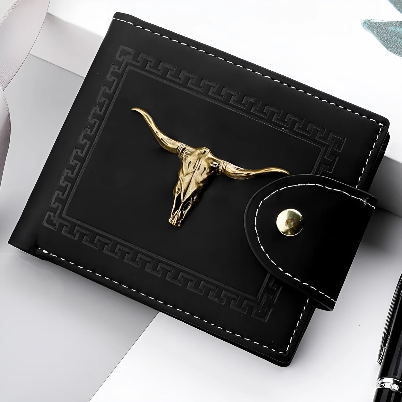 Black PU leather men's wallet with animal pattern, zipper closure, and multiple card slots