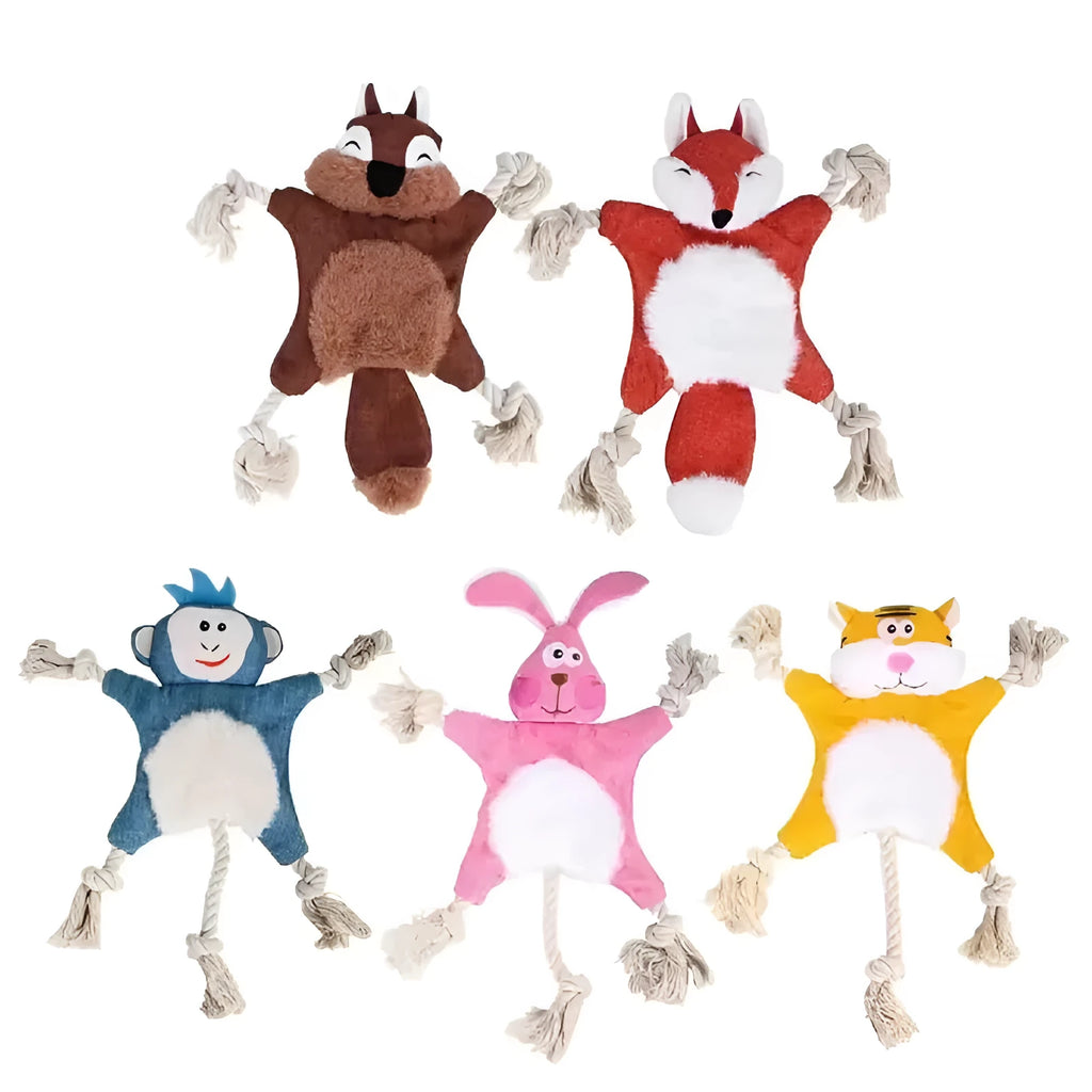 Set of six assorted plush squeaky dog toys in animal shapes including fox, koala, monkey, rabbit, squirrel, and tiger