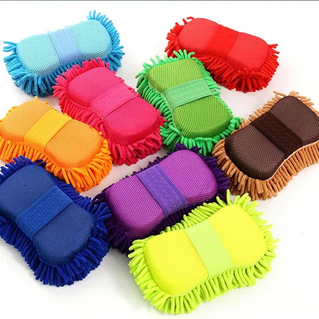 Silver green car wash sponge measuring 14 by 25 centimetres with spiral chenille construction