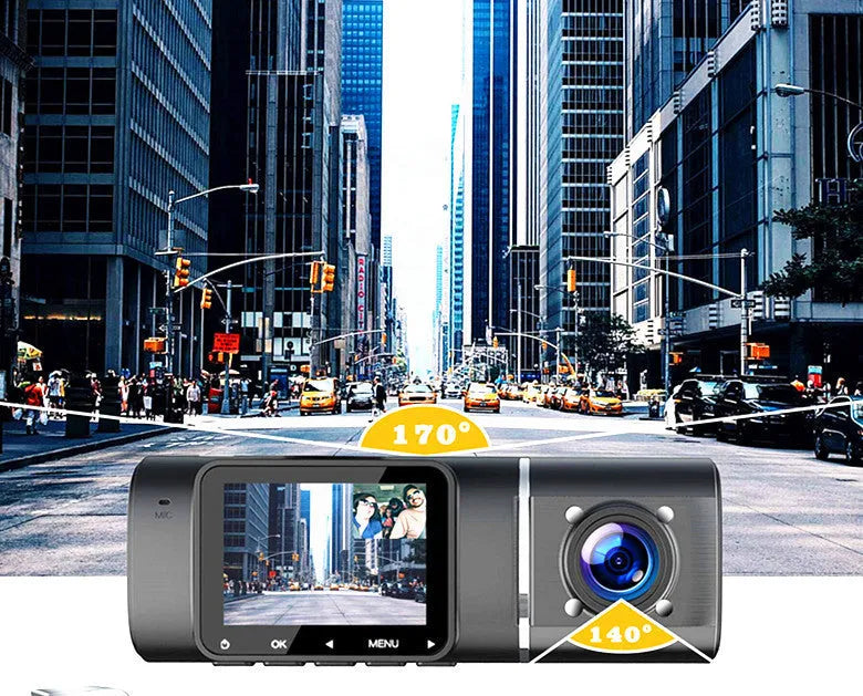 Standard black dash cam for car with 1.5-inch screen, showing front and rear recording capability.