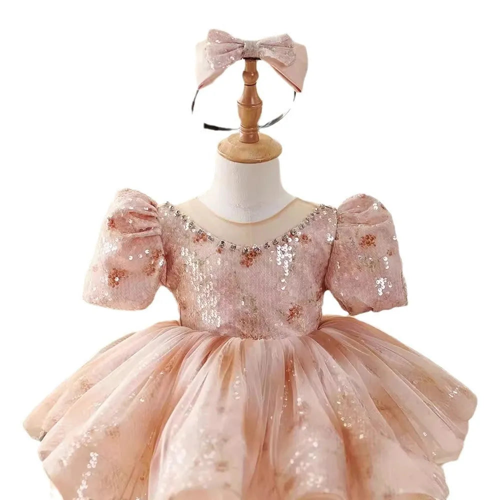 Girls' pink princess dress for birthday and piano recital, available in heights 80cm to 150cm