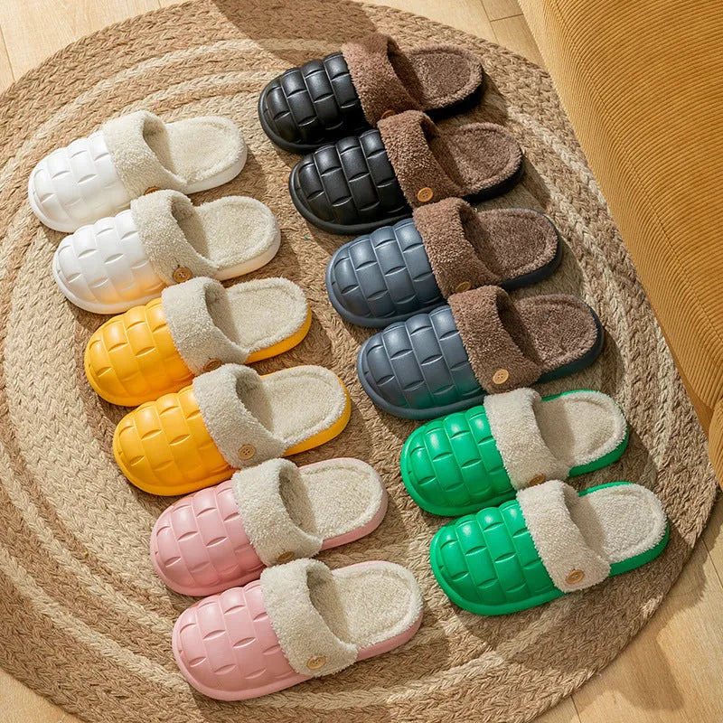 Plaid-patterned detachable women's house slippers with a plush lining and a light-coloured EVA sole.