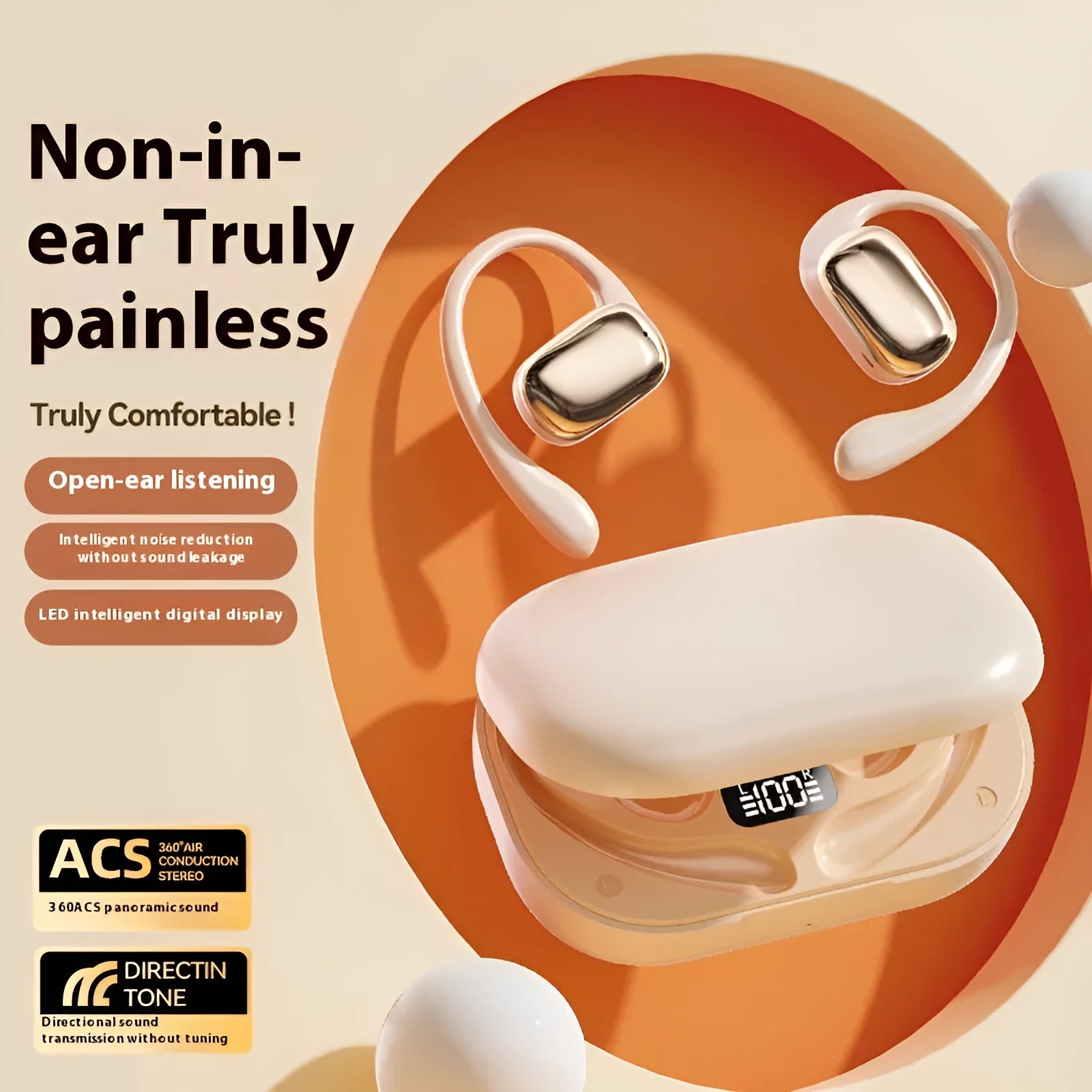 Creative design ear-mounted wireless headphones with a digital display screen on the earpiece.