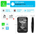 Android 11 wireless car smart box upgrade unit with ABS plastic casing showing dimensions